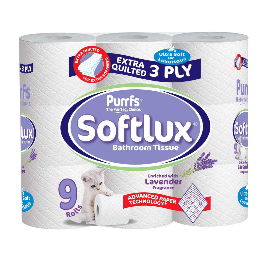 Purrffs Softlux Lavender Scented 3ply 9 Pack Toilet Rolls - Premium Quality Tissue Online - Product Image Purrffs Softlux Lavender Scented 3ply 9 Pack Toilet Rolls - Premium Quality Tissue Online - Product Image